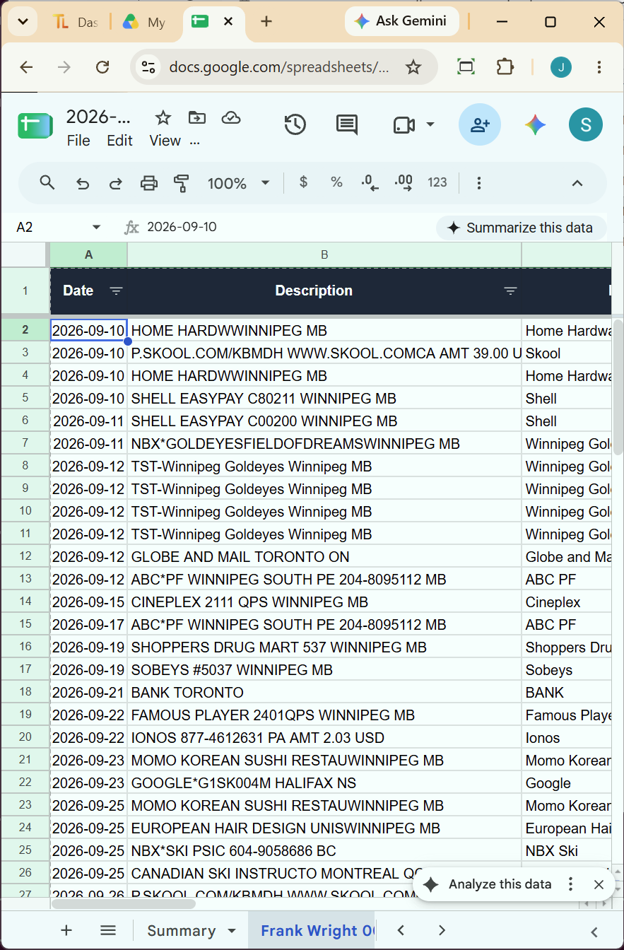 Deconstructed Financial Transaction Feed in Google Sheets